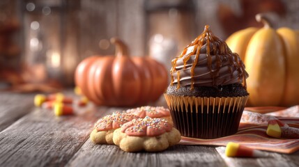 A decadent fall dessert scene where treats and seasonal wealth tempt the senses.