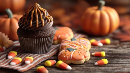 A decadent fall dessert scene where treats and seasonal wealth tempt the senses.