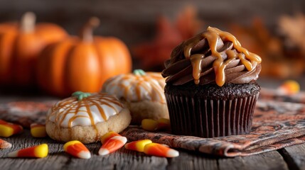 A decadent fall dessert scene where treats and seasonal wealth tempt the senses.