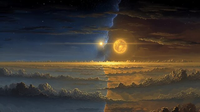 Surreal landscape with sun and moon over cloud horizon