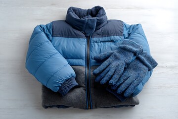 Cozy winter jacket and gloves ready for cold weather adventures, perfect for seasonal fashion and outdoor activities