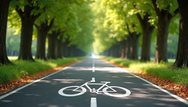 Bike lane along tree lined road promotes eco friendly transportation. Path way covered with fallen leaves. Green trees create natural scenery. Eco transport and active leisure concept.