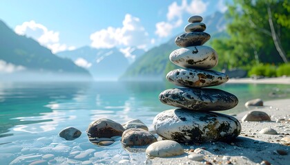 A serene lakeside scene. A balanced stone tower stands on the shore. Mist blankets the distant mountains, sunlight bathes the scene