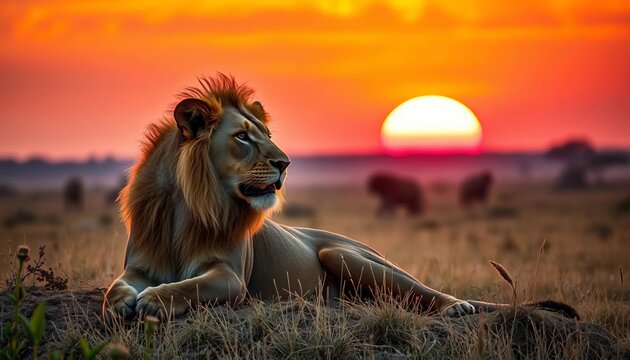 Golden hour sunset bathes a majestic lioness in the African savanna,  landscape,  wildlife photography
