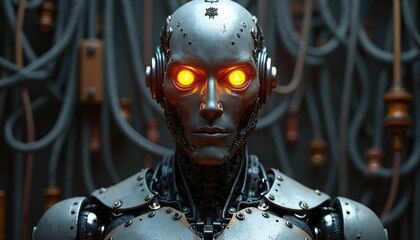 Futuristic robot with bright glowing eyes looks ahead. Metallic humanoid cyborg stands before wall of wires. AI android head connects to complex network. Cybernetic machine represents future tech,