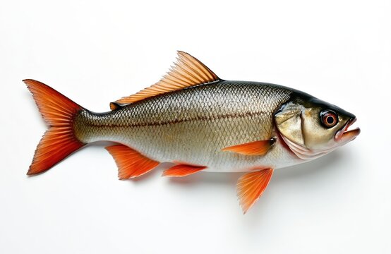 Whole Rohu fish shown on white background. This Indian subcontinent popular freshwater fish is raw and ready for cooking. Good source of protein for healthy meals.