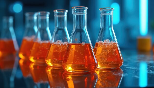 Glass flasks with orange liquid line up on lab table with blue neon lights. Bubbles rise in chemical solutions, indicating reaction or experiment. Scientific glassware arrangement for research.