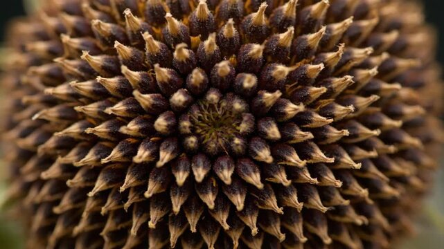 Closeup of a dried echinacea seed head with intricate patterns and textures.