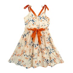 Charming floral print sundress with vibrant orange tie and bow, perfect for summer fun and everyday style