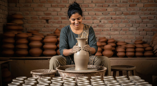 Indian Woman Potting Clay on Wheel, Crafting Traditional Pottery - Powered by Adobe
