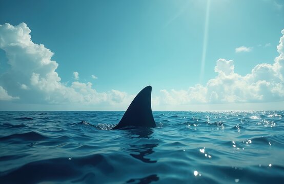 Dramatic photo of fin breaking water surface. The apex predator swims in ocean. Sunny day blue sky with white clouds. Marine wildlife conservation concept.