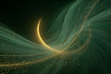 Experience the mesmerizing flow of luminous gold particles dancing through ethereal green waves, creating a stunning display of abstract elegance and dynamic energy.