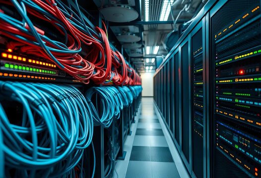 Network cables, routers, and servers in a data center,   wiring,   bandwidth