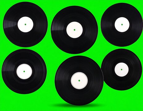Six black, circular records with white labels and small green dots in their center, set against a vibrant green background