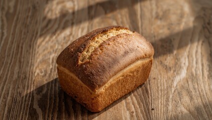 Golden Baked Loaf, Rustic Wood Surface Warm Light, Soft Shadow, Simple, Elegant Composition.