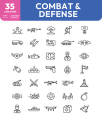 Combat and Defense Line Icons Military Equipment Strategy and Peace Symbols