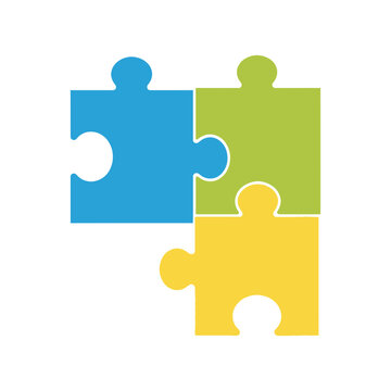 Three colorful puzzle pieces interlocked forming a visual representation of teamwork and problem-solving.