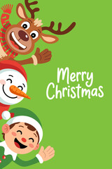 Fototapeta premium Smiling reindeer snowman and elf picking from side on green Christmas background