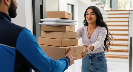 Happy Woman Receives Stack of Packages from Delivery Man