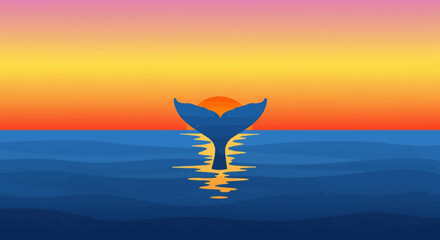 Serene sunset seascape with whale tail rising gracefully from the ocean waters