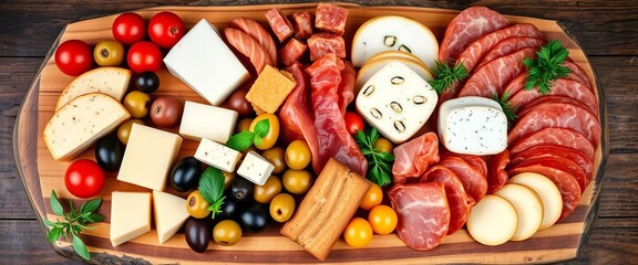 Rustic wooden board overflowing with assorted Italian antipasti, including olives, cheeses, cured meats, marinated vegetables,  texture,  artichoke