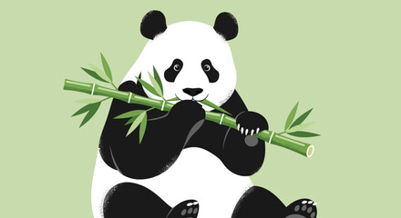 Cute cartoon panda bear sitting and eating bamboo on a light green background showing the love for