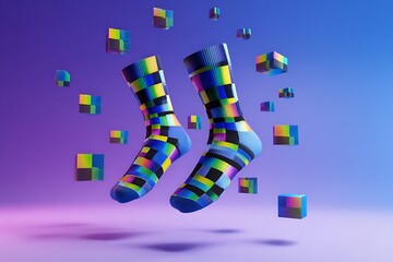 Vibrant, abstract patterned socks float mysteriously among colorful, glowing cubes, creating a surreal and futuristic fashion statement.