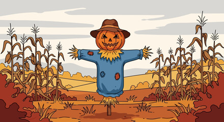 Cartoon illustration of a scarecrow with pumpkin head in autumn landscape during Halloween season
