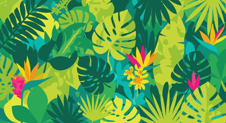 Lush tropical foliage illustration with vibrant exotic flowers creating dense pattern