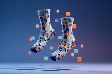 Vibrant geometric patterned socks float playfully against a gradient blue backdrop with scattered colorful cubes, adding a modern, stylish flair to any outfit.