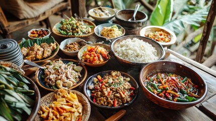 Assortment of Delicious Dishes on a Wooden Table.