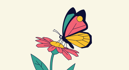 Vibrant cartoon illustration of a butterfly on a flower in a minimalist style