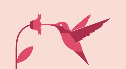 Stylized illustration of a hummingbird feeding from a flower in shades of pink for nature lovers
