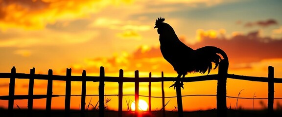 Silhouette of a rooster perched atop a rustic fence against a vibrant sunset, day, agriculture