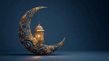 Elegant crescent moon with glowing ornate lantern on dark blue background creating peaceful ramadan kareem atmosphere for islamic festival celebration and spiritual greeting design
