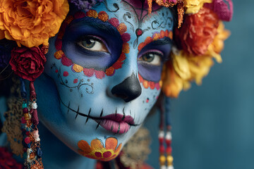 Halloween beauty skeleton woman makeup face. Girl death Halloween costume. Day of The Dead. Charming and dangerous Calavera Catrina
