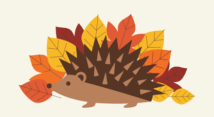 Adorable hedgehog illustration surrounded by colorful autumn leaves for seasonal designs