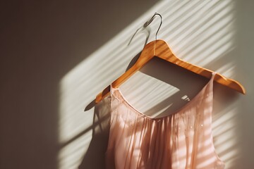 Elegant pastel dress with subtle shimmer hangs on a wooden hanger, bathed in soft, dappled sunlight creating a serene atmosphere.