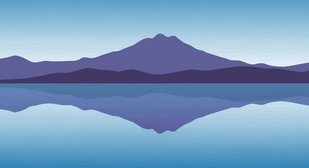Serene mountain landscape reflecting in calm water with a gradient blue sky offering peace