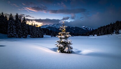 A serene winter scene with a decorated evergreen tree in the foreground. Snow covers the landscape and mountains peak in distance. Sunset