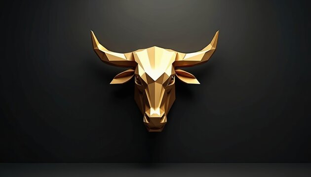 Golden geometric bull head sculpture with sharp angles mounted on dark background. Polished metal artwork represents strength, modern luxury. Minimalist style fits well in contemporary interiors.