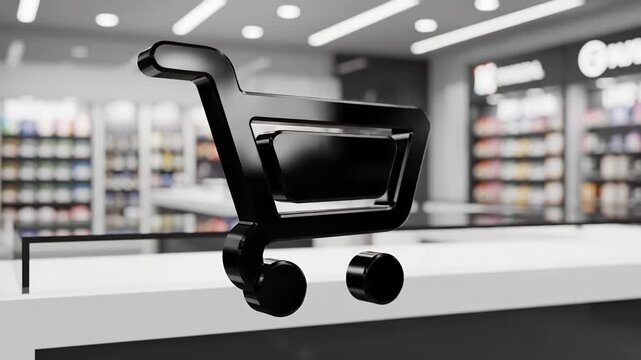 Sleek black 3D rendered shopping cart icon against a modern blurred retail store background symbolizing digital ecommerce convenience and seamless online shopping - Powered by Adobe