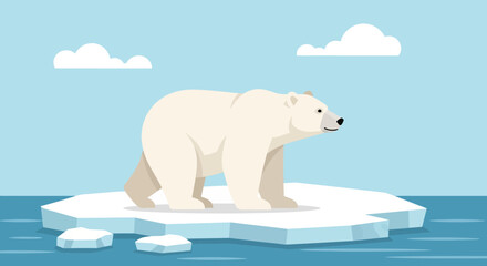 Stylized illustration of a polar bear standing on an ice floe in a blue arctic environment