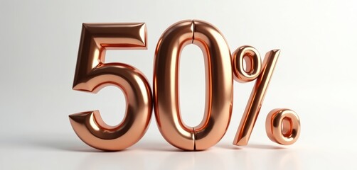 Shiny bronze 3D rendering of fifty percent symbol stands on clean white background. Metallic number 50 percent sign reflects light beautifully. Indicates big discount, sale, half price offer, special