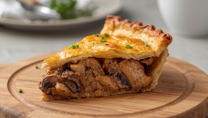 Golden Crust Slice. A Culinary Still Life, Featuring a Textured Pastry with Filling.
