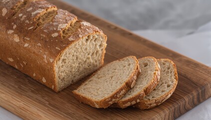 Golden Crust, Rustic Bread on Wooden Board Grainy Texture and Soft Interior Highlighted.