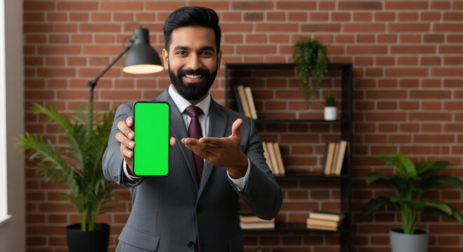 Smiling Indian Businessman Presents Smartphone with Green Screen App