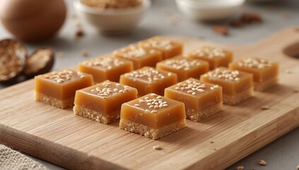 Golden Cubes Arrangement with Grainy Texture, Glossy Topping and Earthy Background