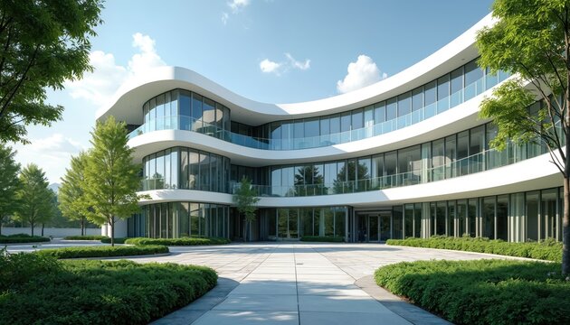 Modern university building with curved glass architecture and rich plants. Contemporary campus exterior with wavy design and large windows. Building surrounded by trees and bushes on a sunny day.
