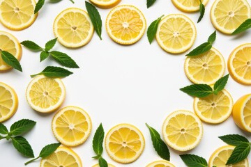 Fototapeta premium Circular arrangement of lemon slices and mint leaves on white background, highlighting freshness and vibrant contrast.